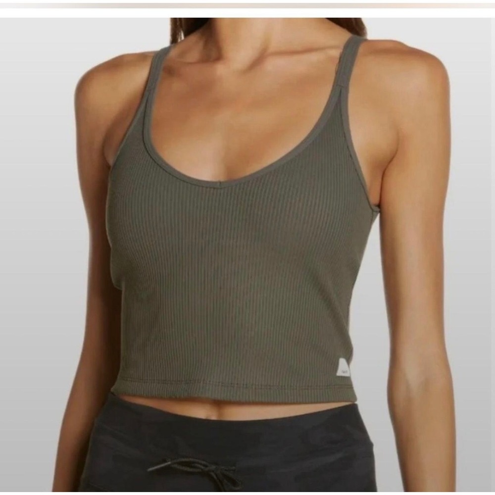 Vuori Rib Crop Tank Top Womens Large Oregano Green Strappy Back Yoga Athletic